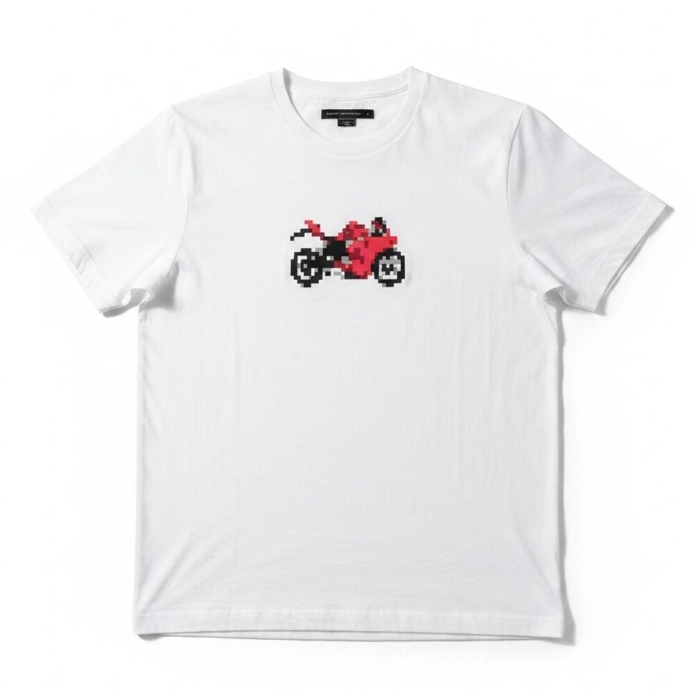 French Connection Pixel Art Motorcycle Men's Medium White T-Shirt Video Games